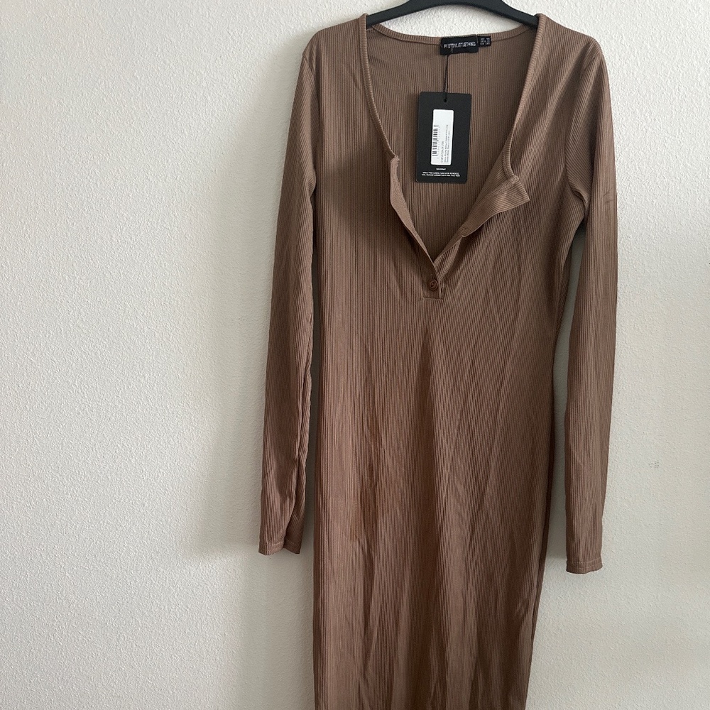 Mocha ribbed button front long sleeve midaxi dress